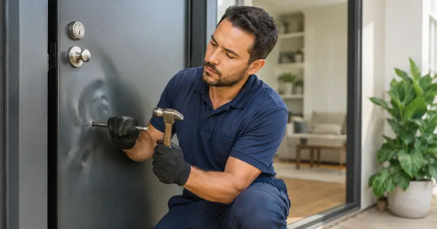 technician repairing dented steel door surface