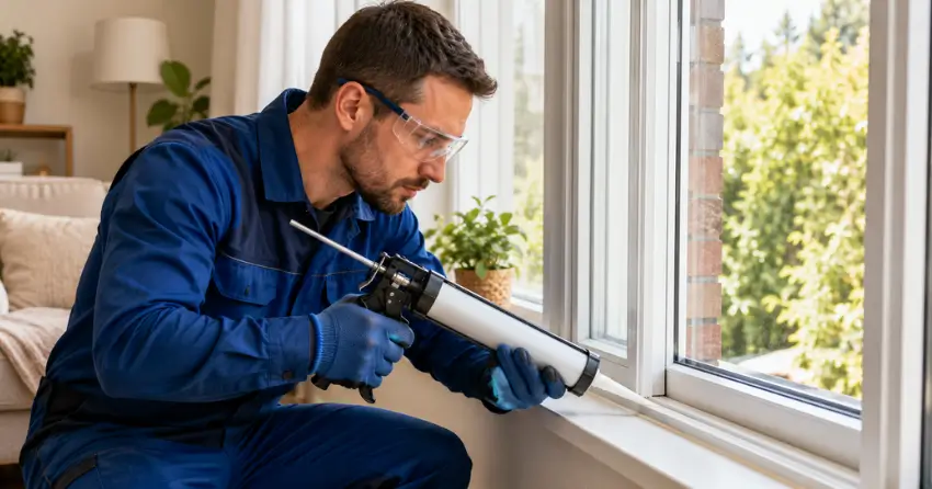 technician repairing window seal and frame in Winnipeg
