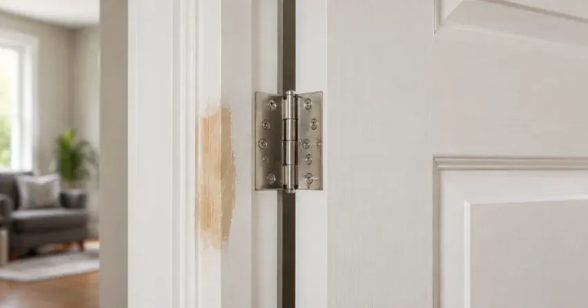 technician checking a warped door against a straightedge in Winnipeg