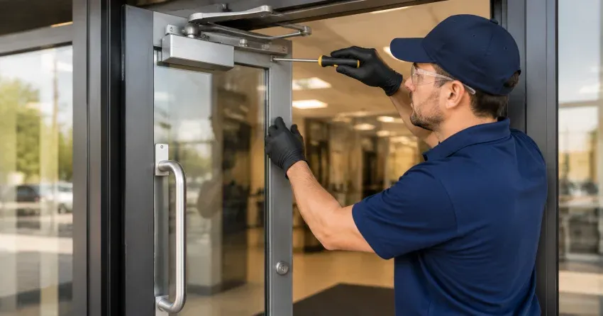 technician adjusting commercial door closer hardware