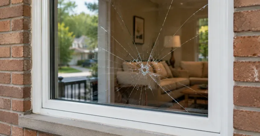 technician measuring cracked window pane before glass replacement