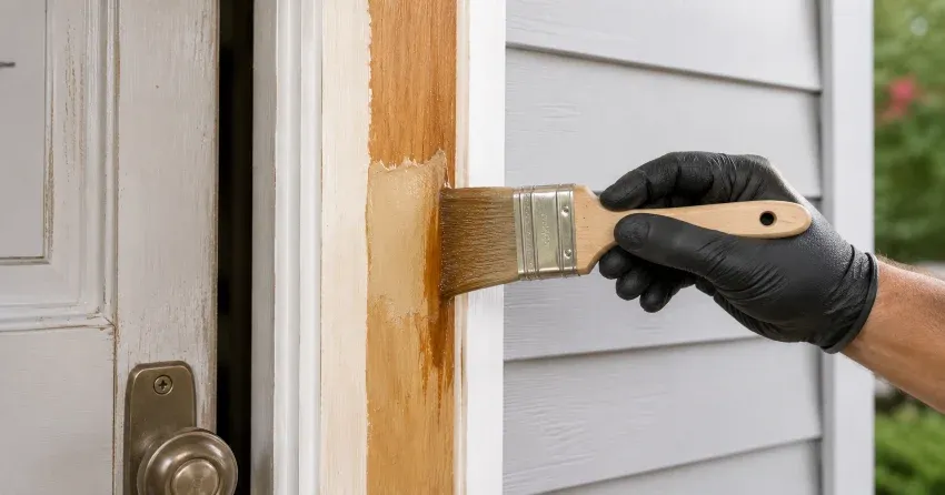 technician probing rotted wood on a door frame in Minto, Winnipeg