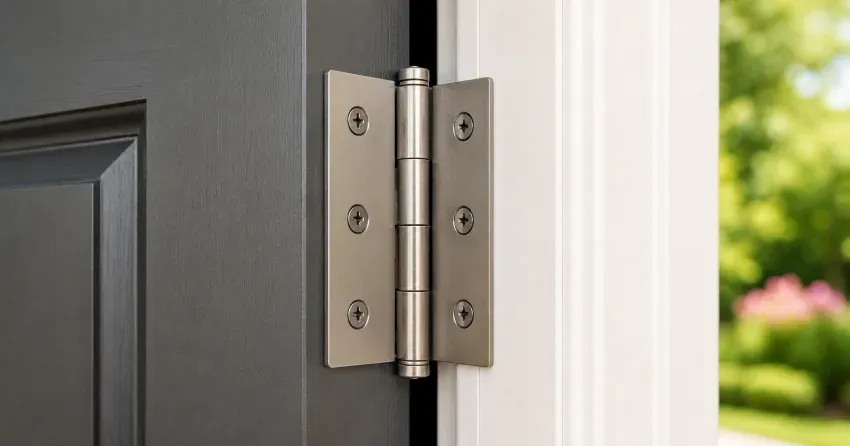 technician adjusting a door hinge with a screwdriver