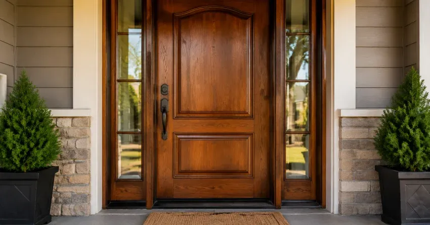 wood door mid-restoration showing stripped bare wood in Winnipeg