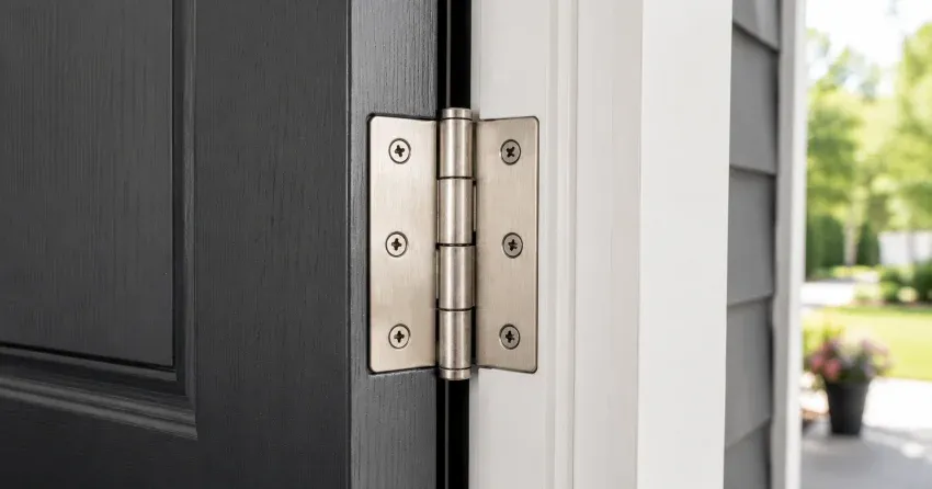 technician adjusting door hinge for swing correction