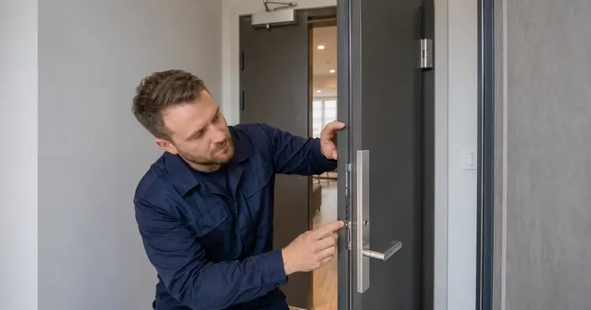 technician inspecting fire-rated door seal and hardware in Radisson, Winnipeg