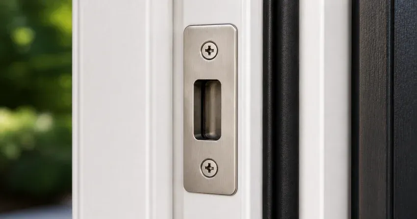 technician adjusting a jammed front door hinge and frame