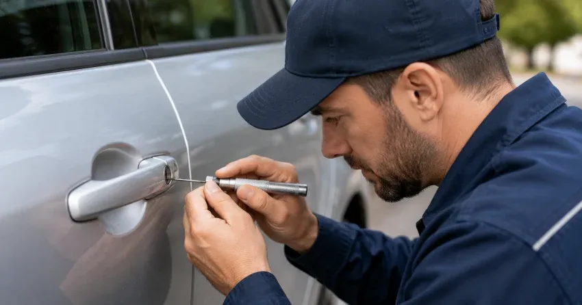 locksmith using specialized tool on jammed car door lock