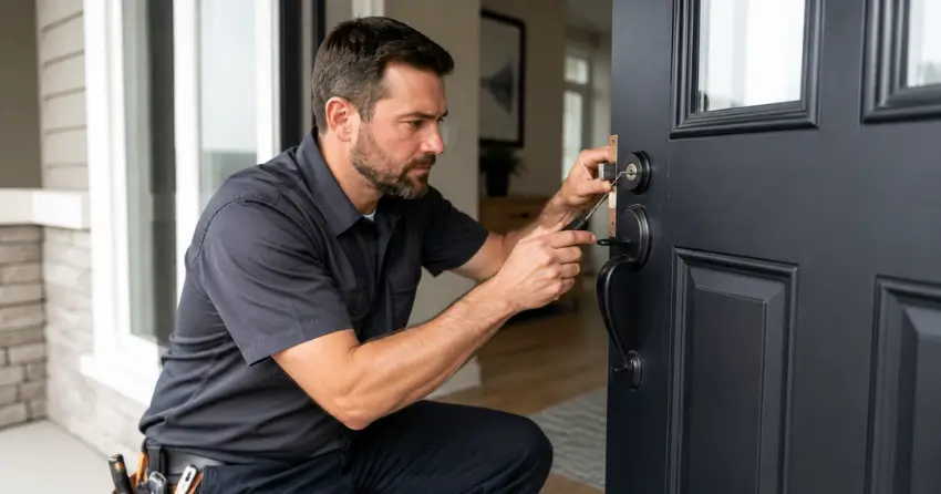 licensed locksmith technician working on residential deadbolt in Winnipeg