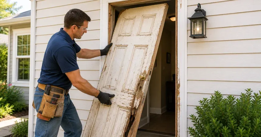 warped exterior door frame showing weather damage in Winnipeg