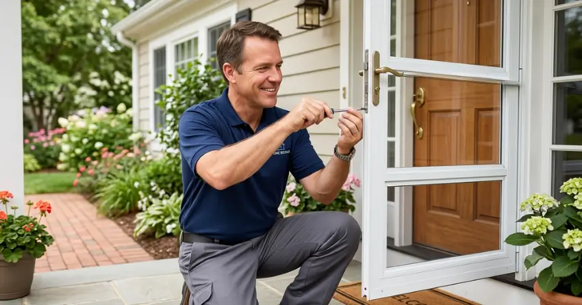 technician adjusting storm door hinge and closer in Luxton, Winnipeg