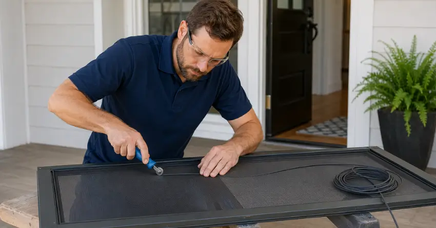 technician replacing screen door mesh and spline in Riverview, Winnipeg